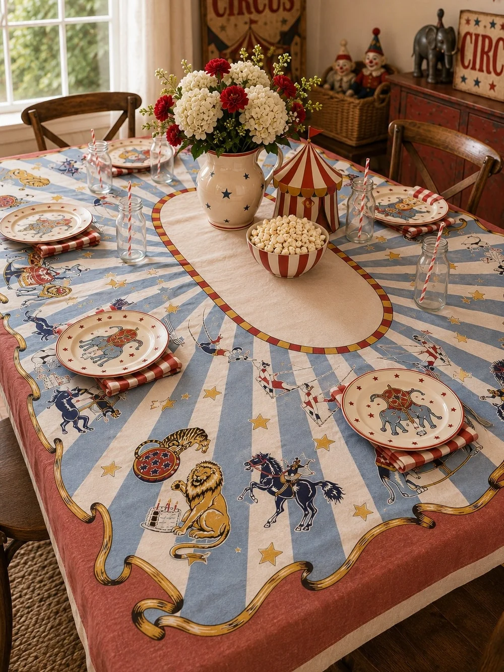 Restoration Hardware Vintage Circus Birthday Tablecloth 50x70 Rare Discontinued